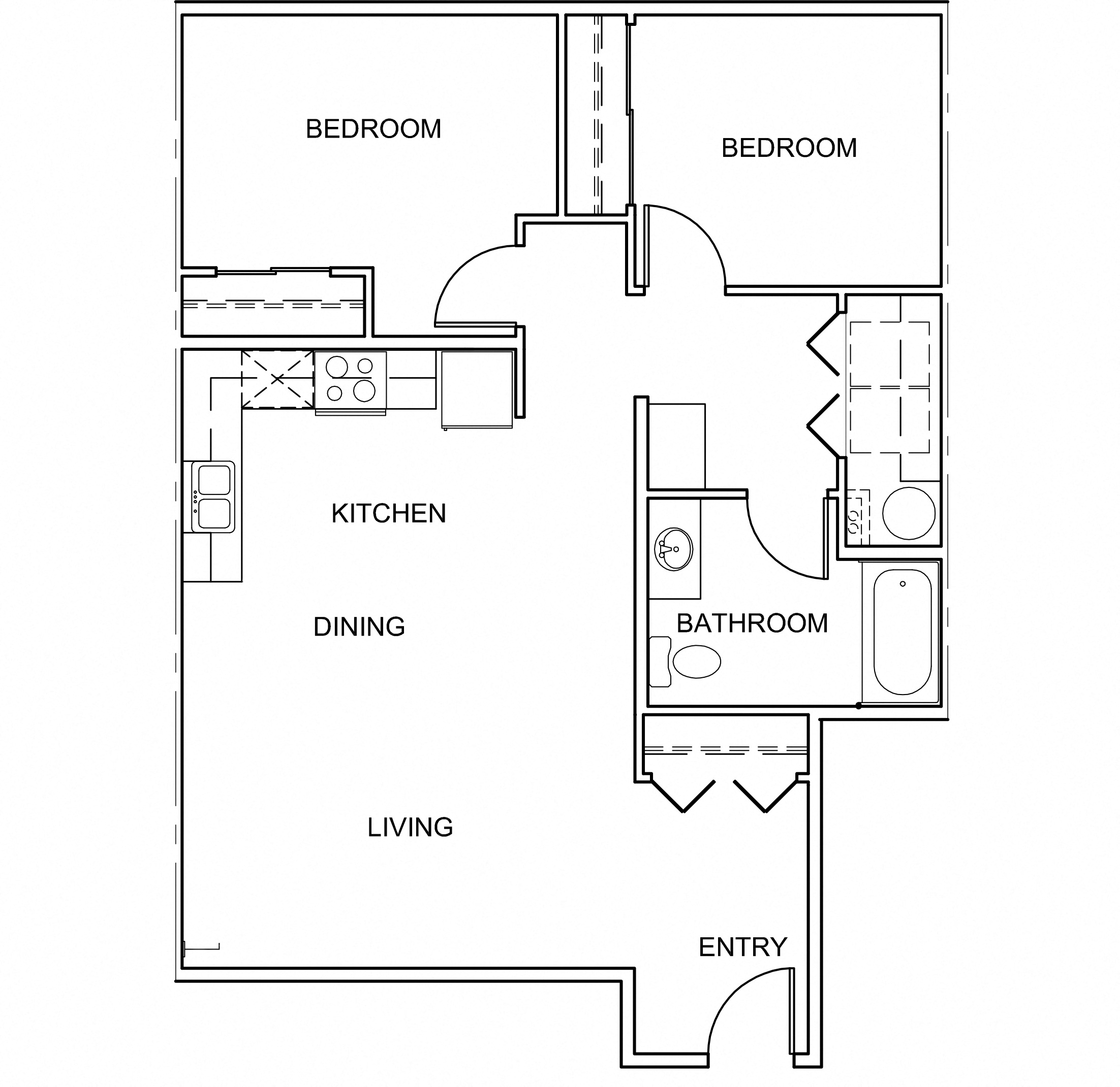 Floor plan for 2 beds, 1 bath, 906 sqft